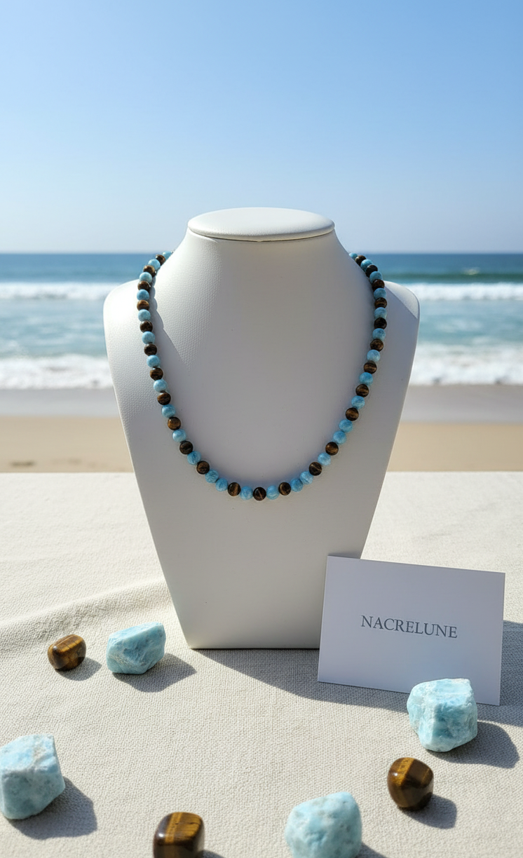 Collier Larimar & Œil de Tigre Naturels | NACRELUNE nacrelune.com collier