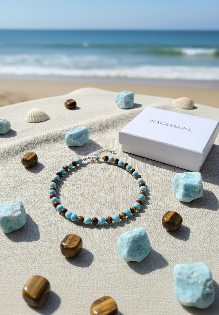 Collier Larimar & Œil de Tigre Naturels | NACRELUNE nacrelune.com collier
