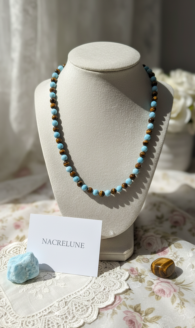 Collier Larimar & Œil de Tigre Naturels | NACRELUNE nacrelune.com collier