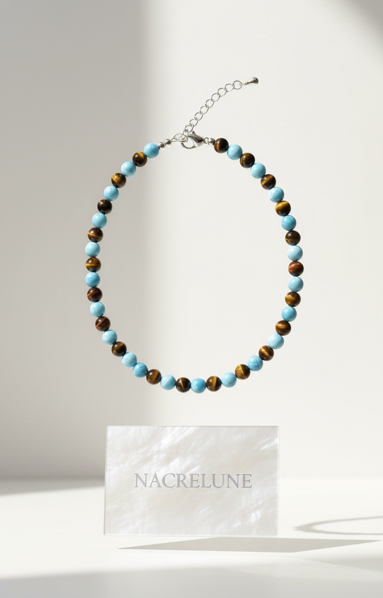 Collier Larimar & Œil de Tigre Naturels | NACRELUNE nacrelune.com collier