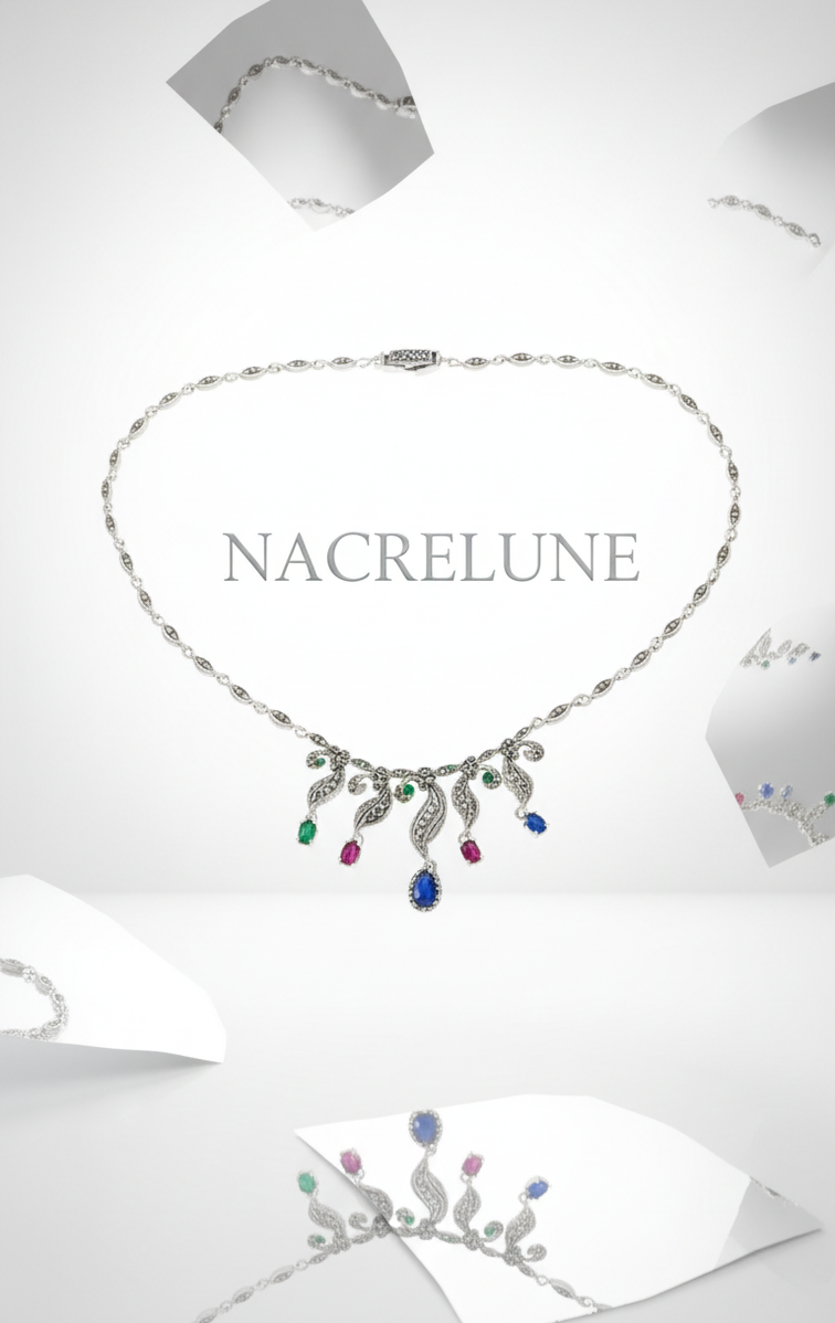 Collar de plata 925 y marcasita con rubíes, esmeraldas y zafiros