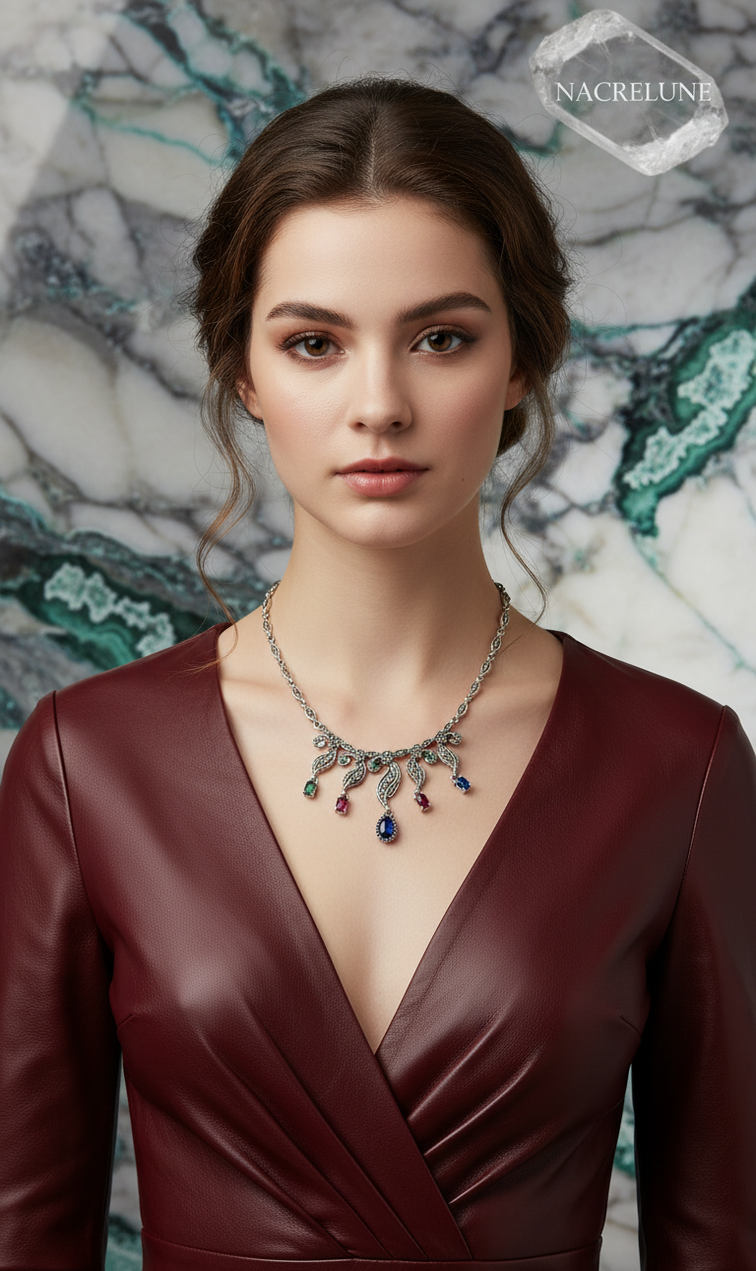 Collar de plata 925 y marcasita con rubíes, esmeraldas y zafiros