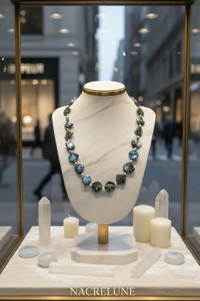 Necklace made of metallic mother-of-pearl beads and small, delicate pearls