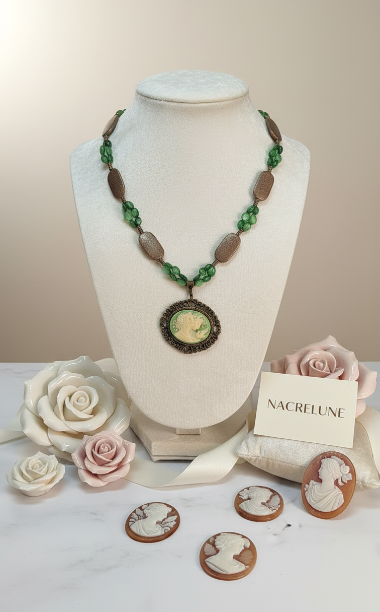 Green mother-of-pearl bead necklace and vintage-look cameo