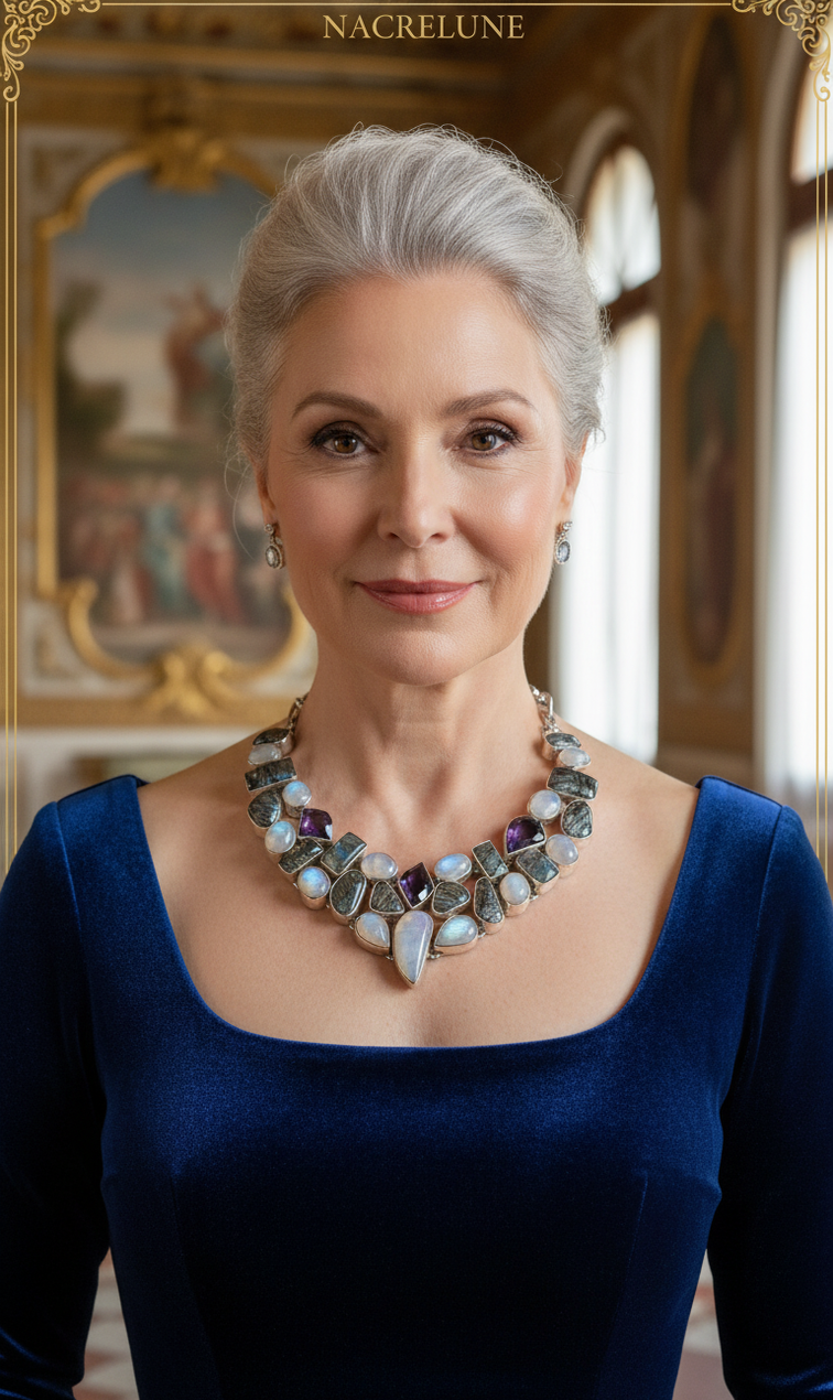 Collar de plata de ley 925 con piedras lunares, cuarzo rutilado y amatistas