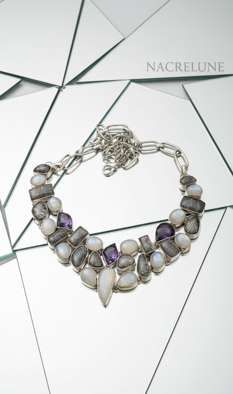 Collar de plata de ley 925 con piedras lunares, cuarzo rutilado y amatistas