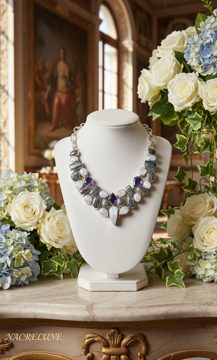 Collar de plata de ley 925 con piedras lunares, cuarzo rutilado y amatistas