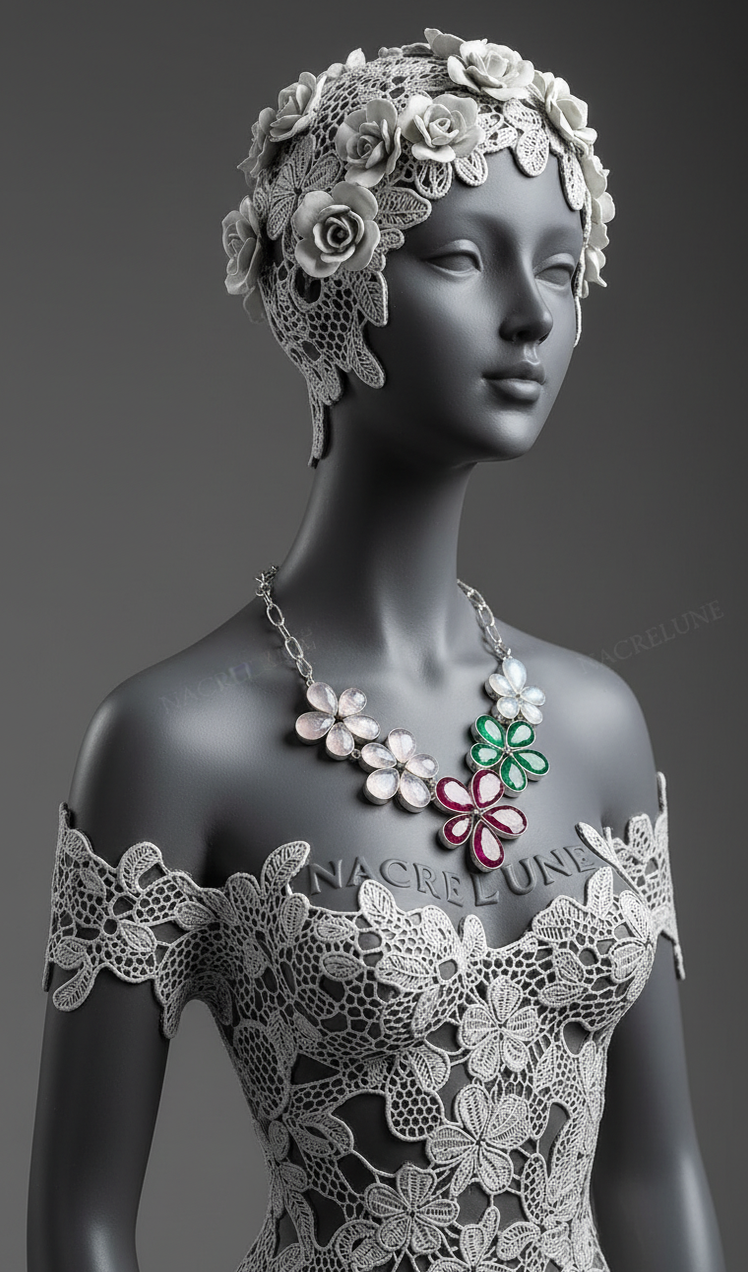 Collier Argent & Rubis, Émeraudes, Quartz Roses & Pierres de Lune en Fleurs | NACRELUNE