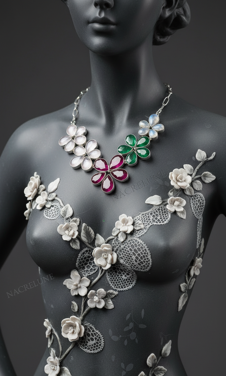 Collier Argent & Rubis, Émeraudes, Quartz Roses & Pierres de Lune en Fleurs | NACRELUNE