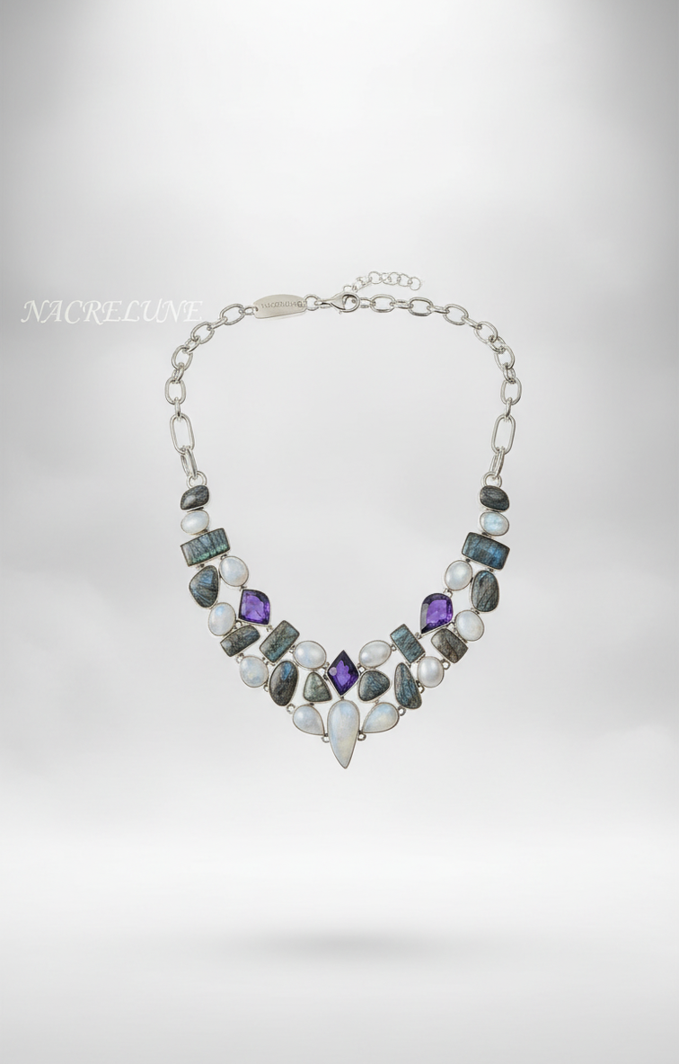 Collar de plata de ley 925 con piedras lunares, cuarzo rutilado y amatistas