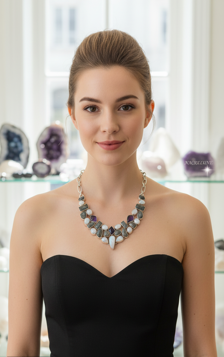 Collar de plata de ley 925 con piedras lunares, cuarzo rutilado y amatistas
