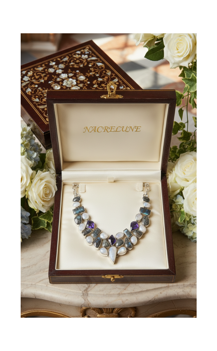 Collar de plata de ley 925 con piedras lunares, cuarzo rutilado y amatistas