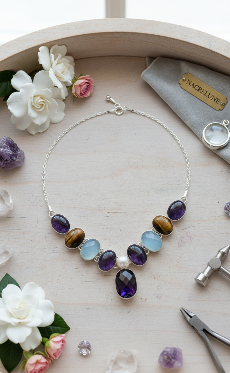 Collier Argent 925 & Pierres Fines avec Améthystes | NACRELUNE nacrelune.com collier