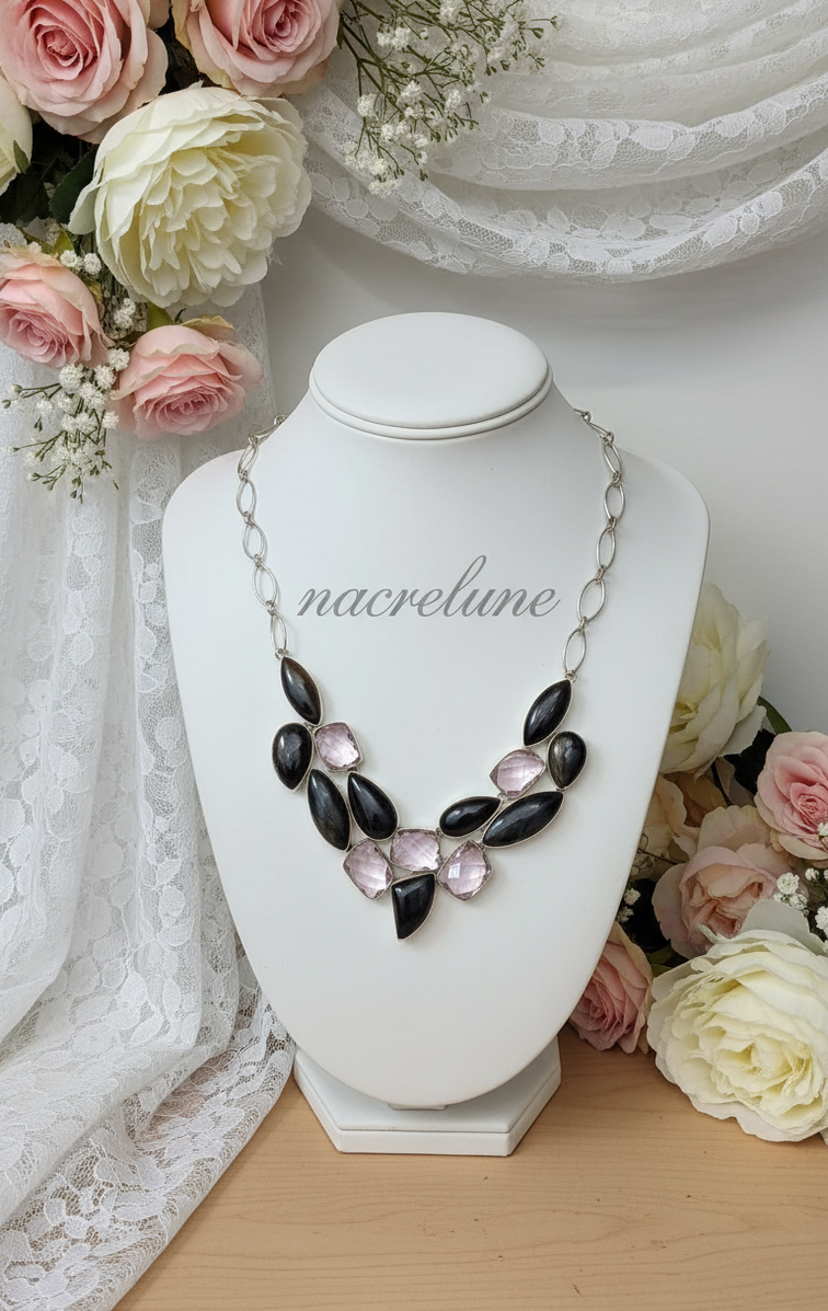 Collier Argent Quartz Rose Taillé & Pietersite – Amour & Transformation | NACRELUNE NACRELUNE collier