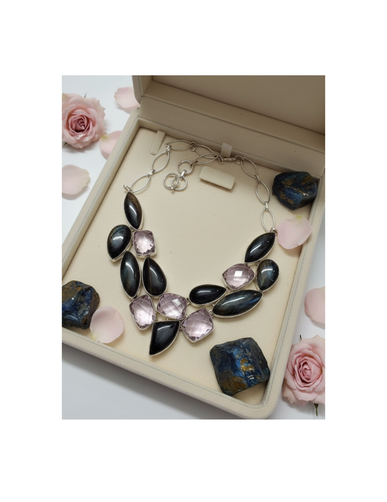 Collier Argent Quartz Rose Taillé & Pietersite – Amour & Transformation | NACRELUNE NACRELUNE collier