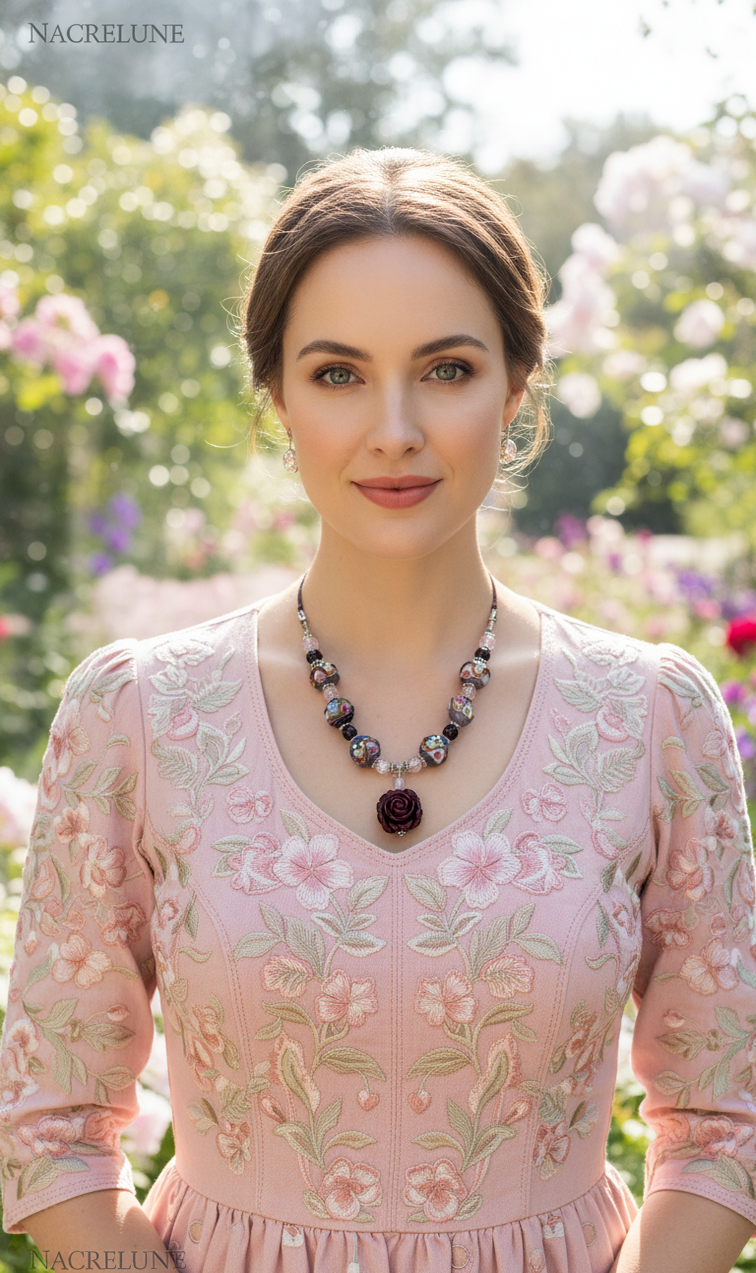 Collier Perles de Verre Vénitien & Rose en Résine | NACRELUNE nacrelune.com collier
