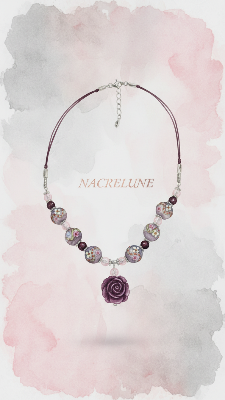 Collier Perles de Verre Vénitien & Rose en Résine | NACRELUNE nacrelune.com collier