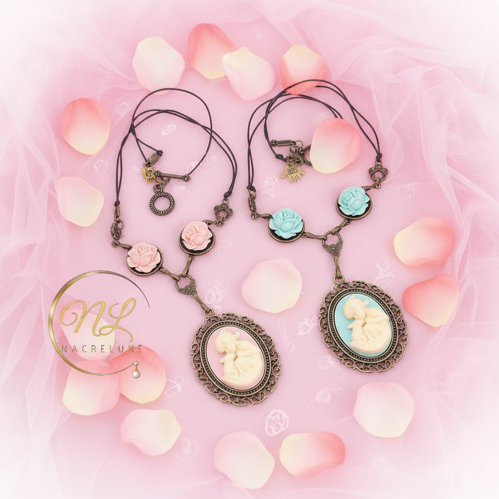 Collier avec roses et camée en résine : choisissez votre couleur nacrelune.com collier