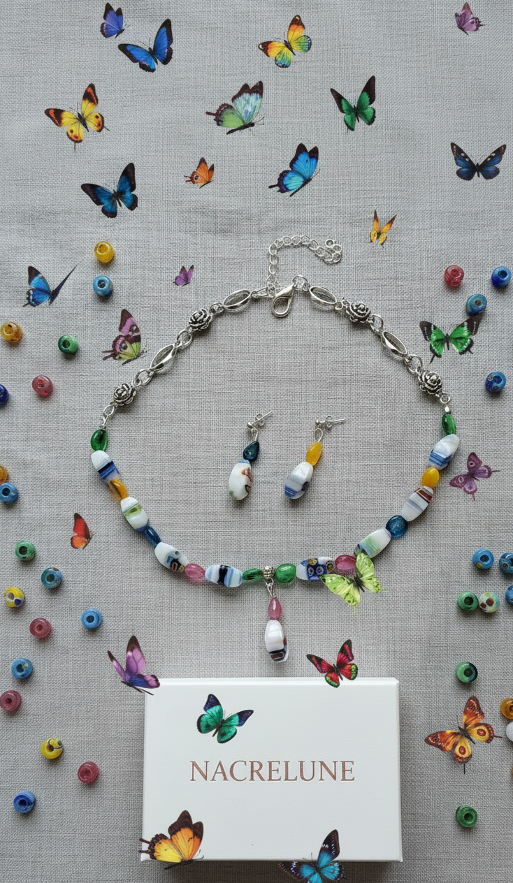 Parure Perles de Verre Colorées - Collier et Boucles d'Oreilles nacrelune.com parure