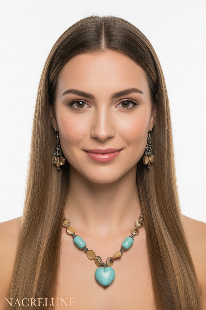 Parure Turquoises & Perles de Nacre – Collier et Boucles Cœur | NACRELUNE nacrelune.com parure
