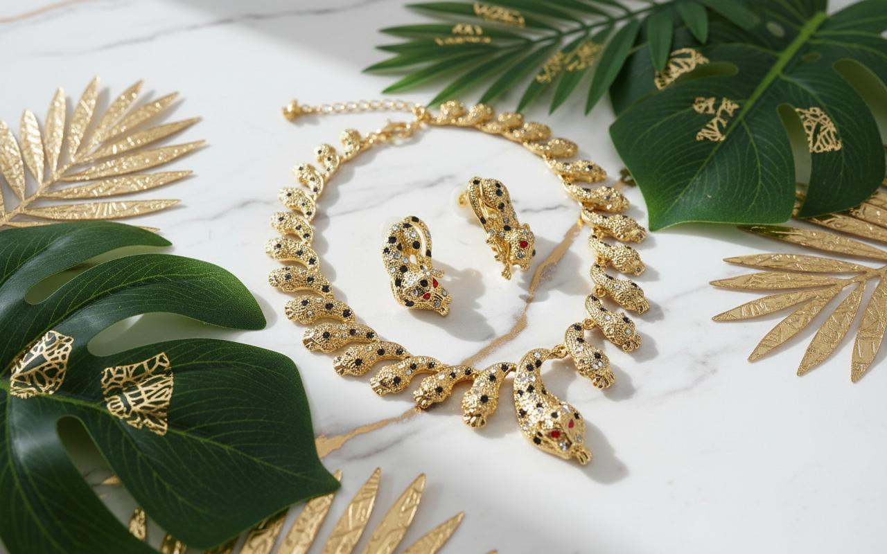 Parure panthère dorée aux yeux zirconia rubis NACRELUNE parure