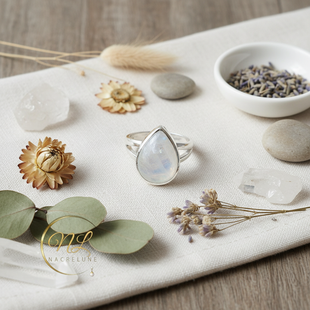 Bague en argent véritable avec magnifique pierre de lune bleue NACRELUNE Bague
