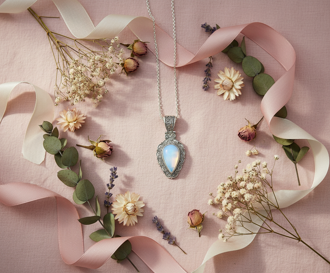 Pendentif fantaisie argenté avec opalite naturelle NACRELUNE pendentif