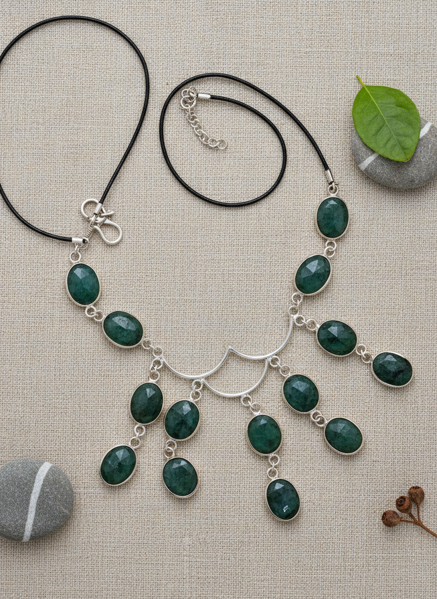 Collier en argent 925 avec émeraudes taillées sur lien de cuir nacrelune.com collier