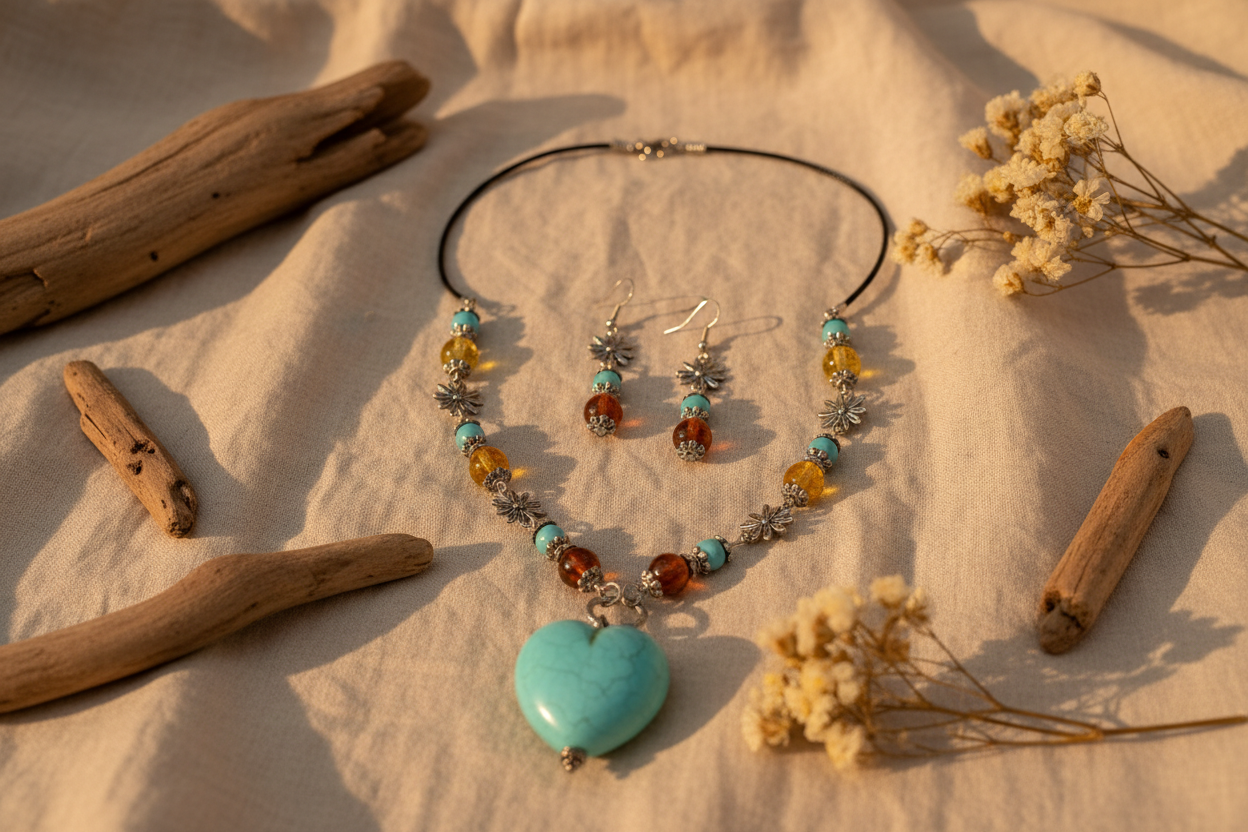 Parure ambre et cœur turquoise NACRELUNE parure