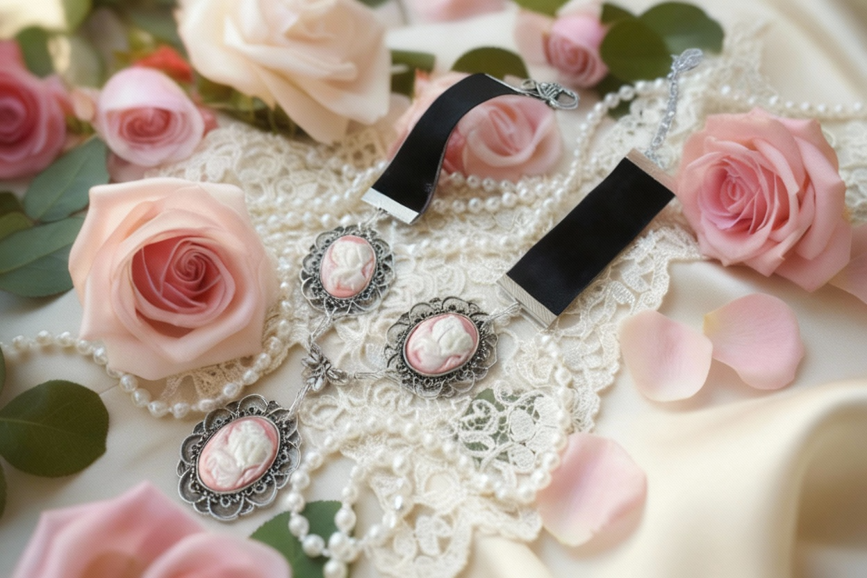 Collier avec ruban de satin et 3 camées représentant des jeunes filles, choisissez votre couleur rose NACRELUNE collier