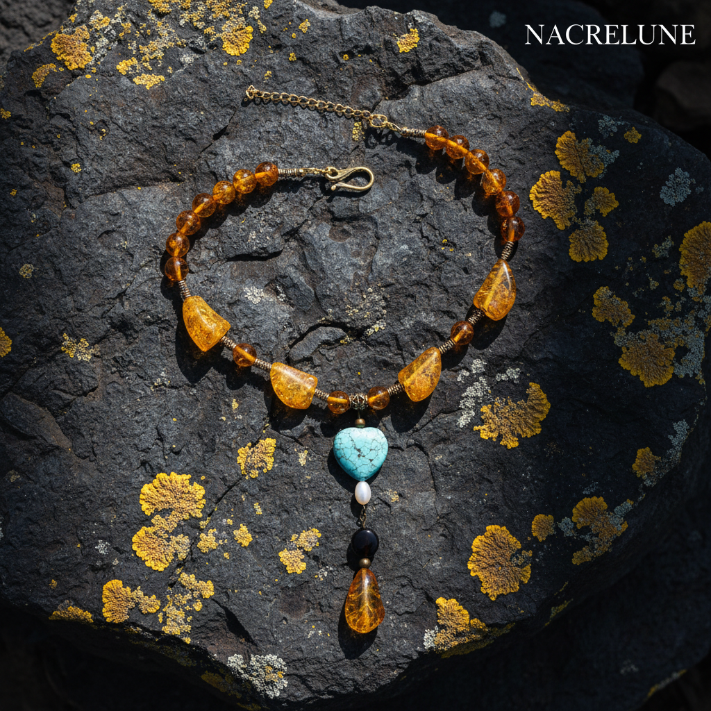 Collier Ambre, Turquoise & Obsidienne Dorée – Bijou Lithothérapie | NACRELUNE nacrelune.com collier