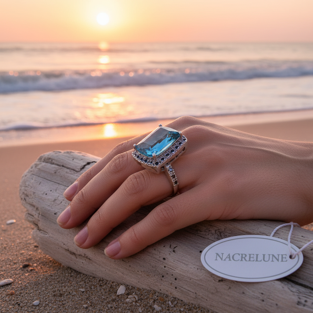 Bague Argent 925 Topaze Bleue Rectangle nacrelune.com Bague