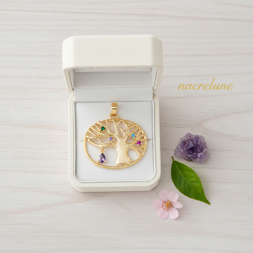 Pendentif arbre en laiton plaqué or avec zirconias multicolores NACRELUNE pendentif