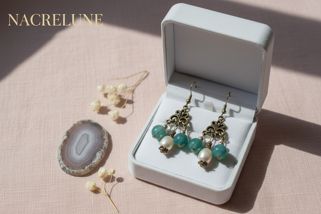 Boucles d'oreille agates et perles de culture – Bijou lithothérapie & élégance naturelle nacrelune.com boucles d'oreille