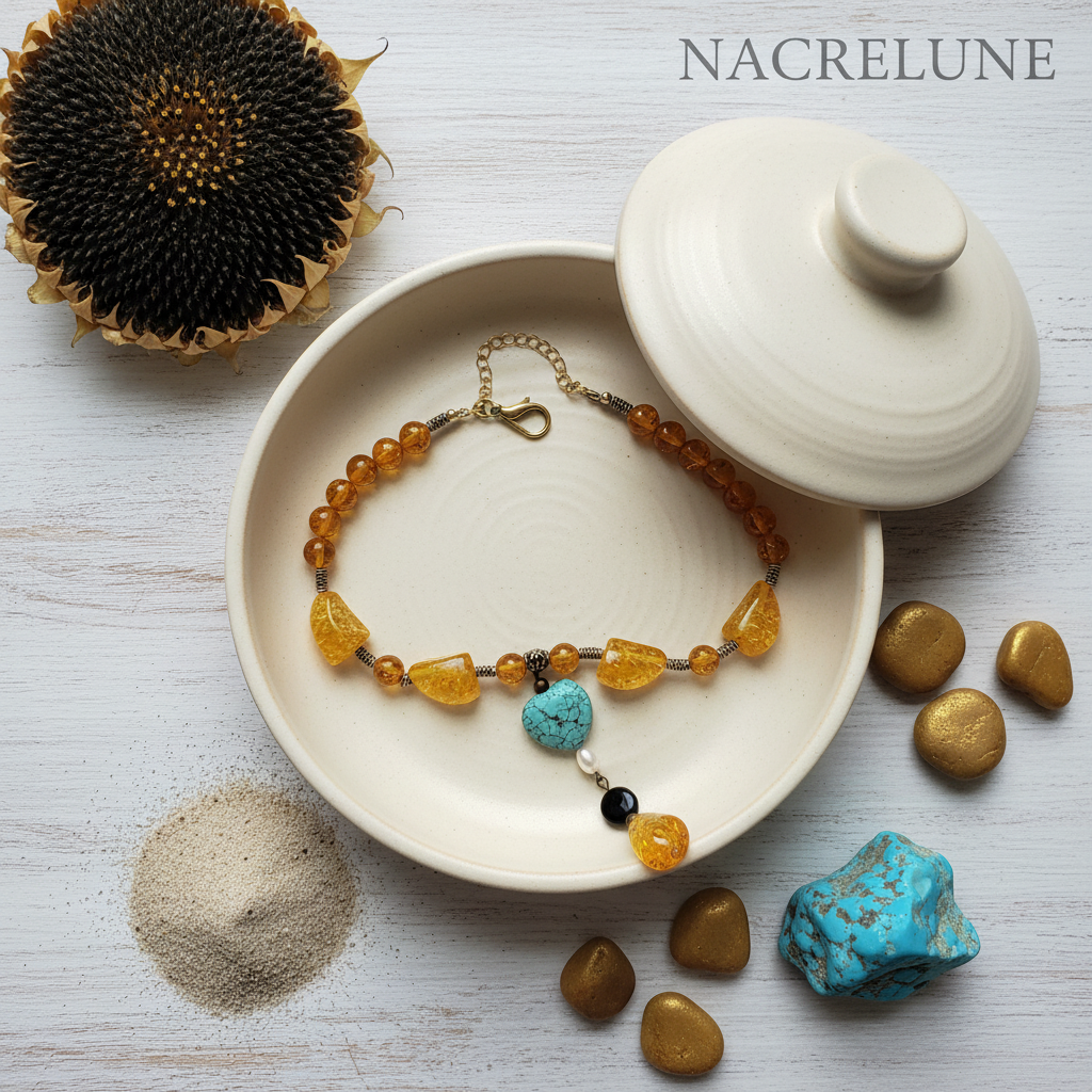 Collier Ambre, Turquoise & Obsidienne Dorée – Bijou Lithothérapie | NACRELUNE nacrelune.com collier