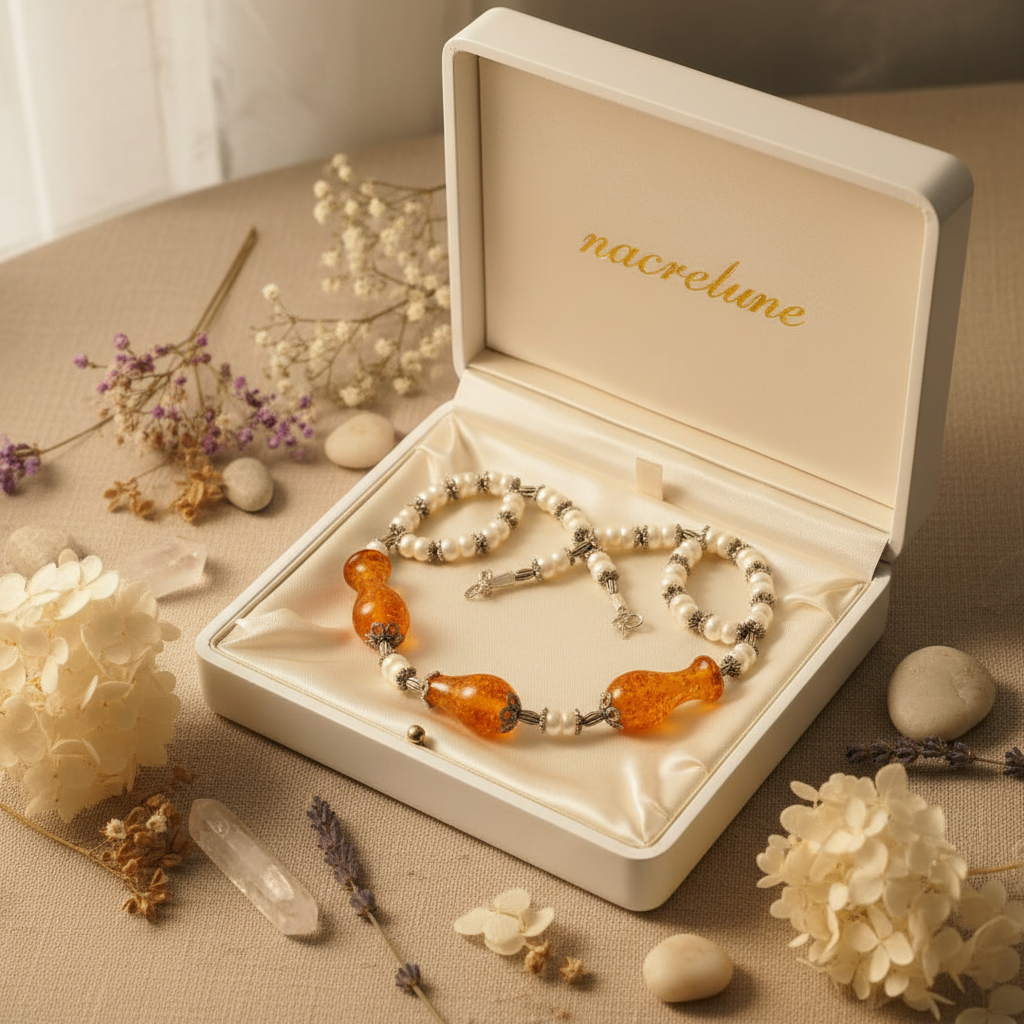 Collier en perles culture avec perles d'ambres pressé nacrelune.com parure