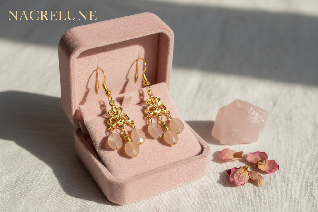 Boucles d'oreille pierres de lune roses – Bijou lithothérapie & douceur lunaire nacrelune.com boucles d'oreille