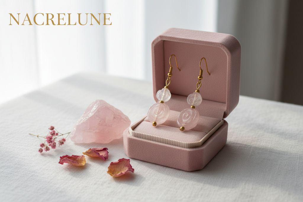 Boucles d'oreille quartz rose en forme de fleurs – Bijou lithothérapie & douceur florale nacrelune.com boucles d'oreille