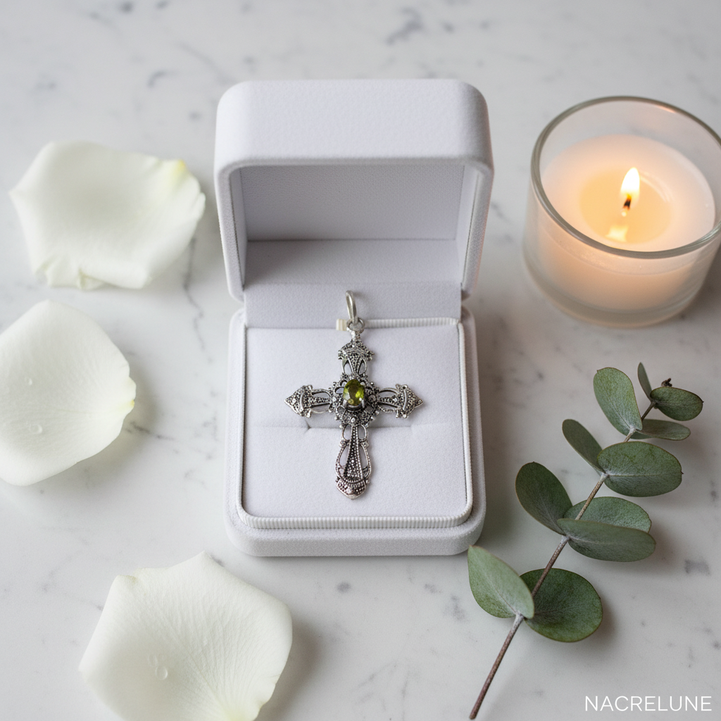 Pendentif Croix en Argent Véritable & Péridot – NACRELUNE NACRELUNE pendentif