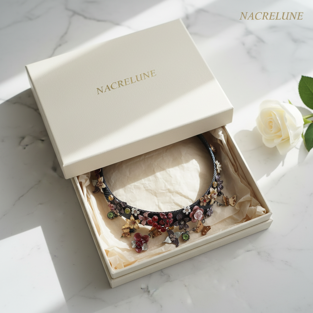 Collier en maille semi rigide avec fleurs et papillons nacrelune.com collier