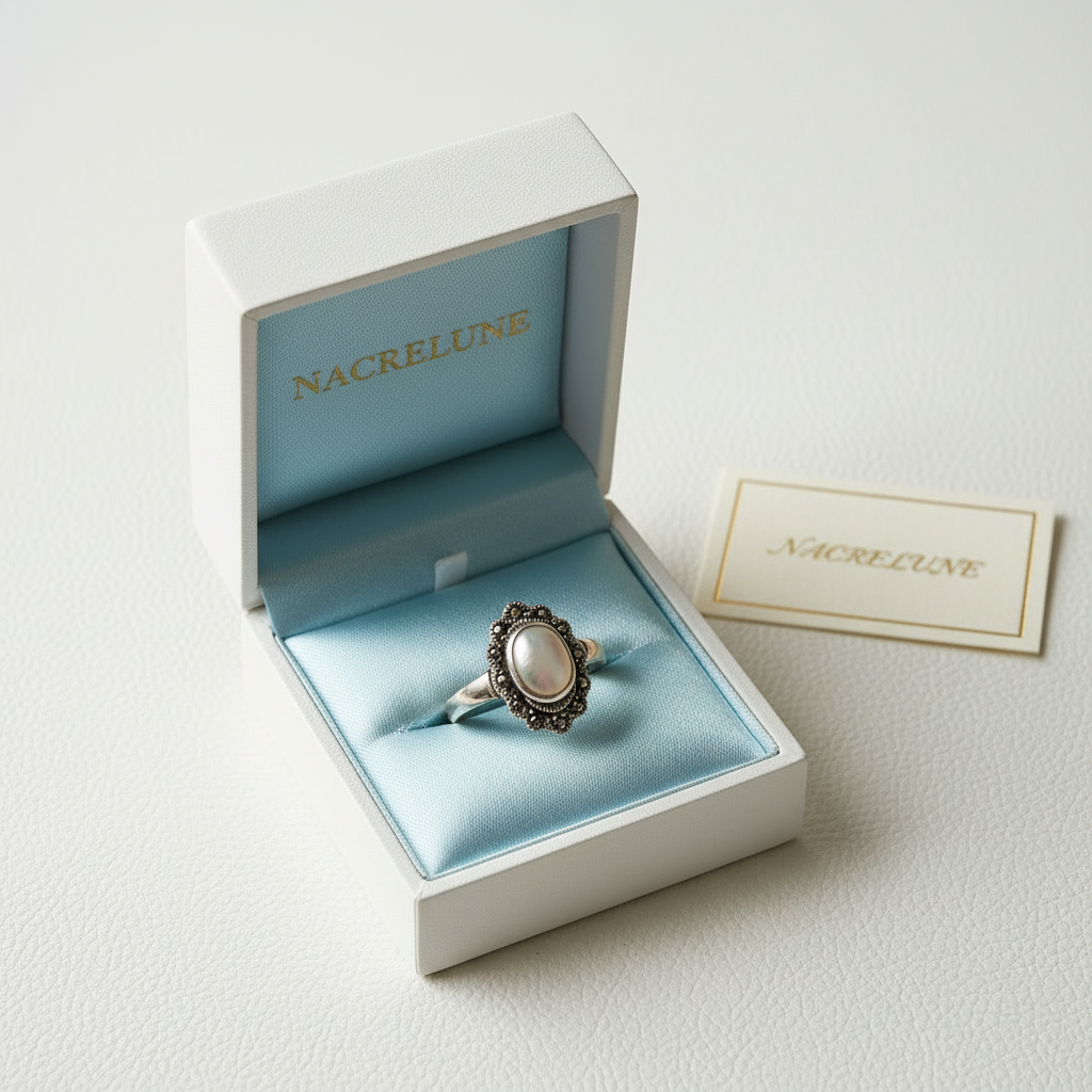 Bague en argent véritable avec marcassites et cabochon de nacre naturelle nacrelune.com Bague