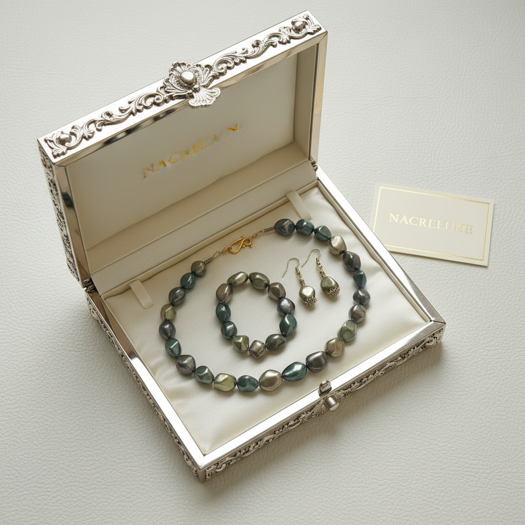 parure complète en perles de nacre métallisé baroques nacrelune.com parure