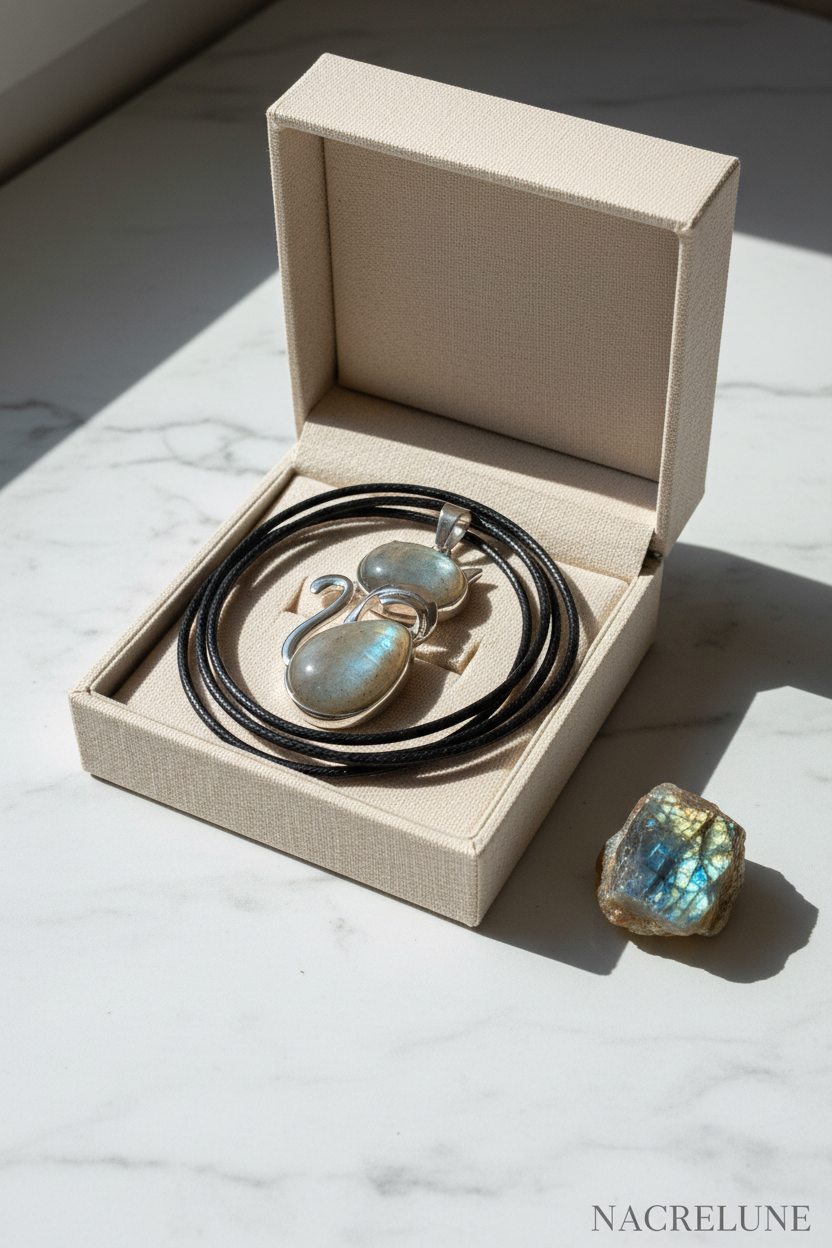 Pendentif Chat Labradorite | Tour de Cou Coton Ciré Noir NACRELUNE pendentif