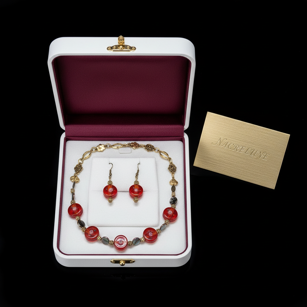 parure rouge en perles de verre et perles de nacre noire nacrelune.com parure