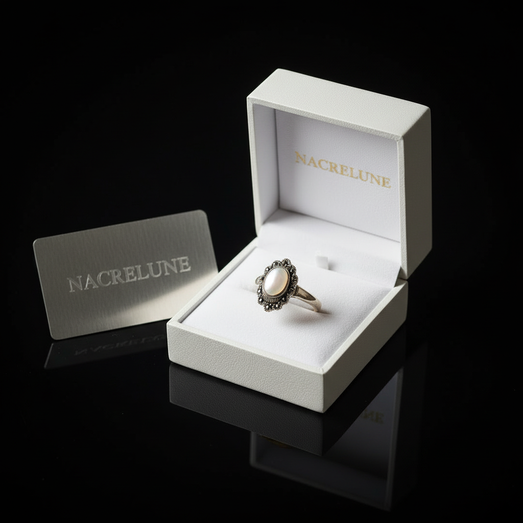 Bague en argent véritable avec marcassites et cabochon de nacre naturelle nacrelune.com Bague
