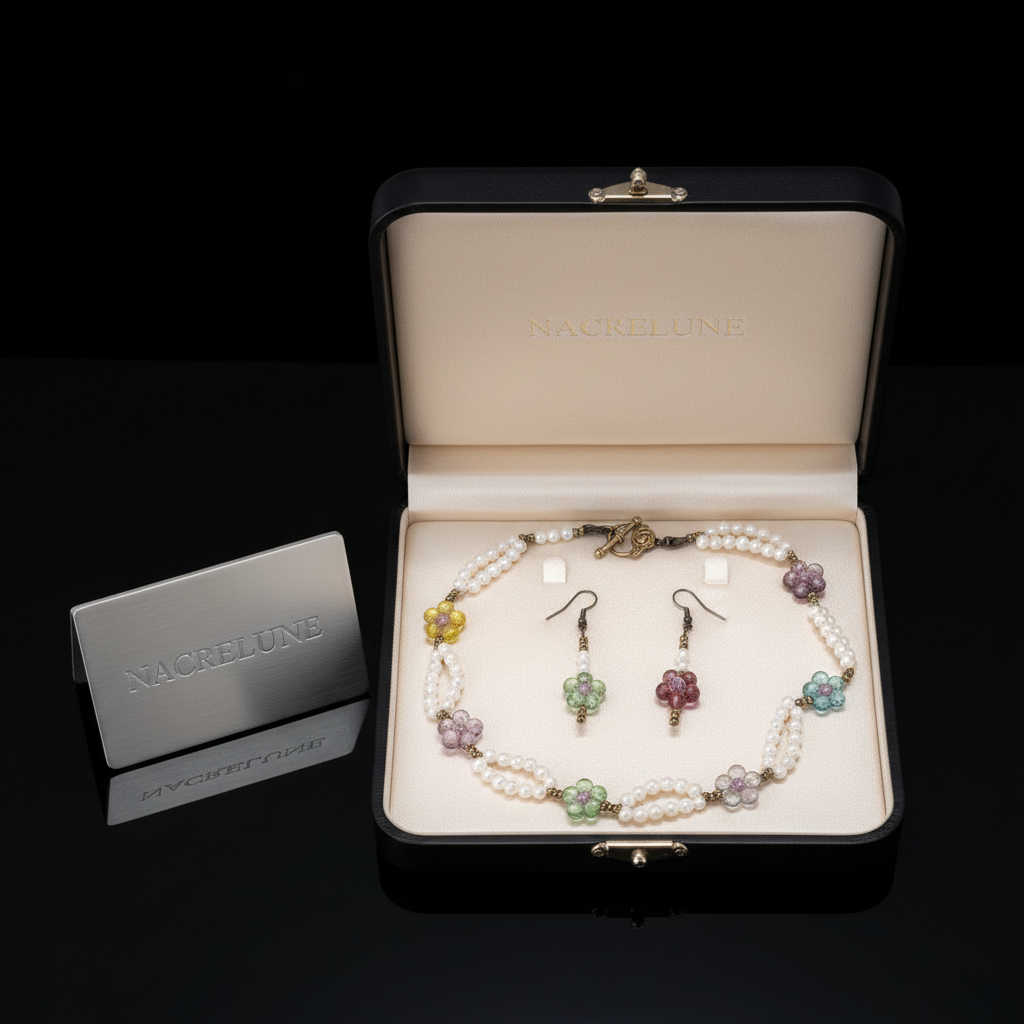 Parure en perles de nacre avec fleurs de verre nacrelune.com parure
