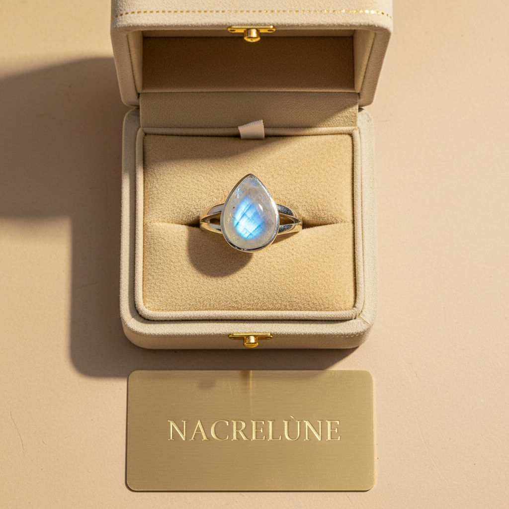 Bague en argent véritable avec magnifique pierre de lune bleue nacrelune.com Bague