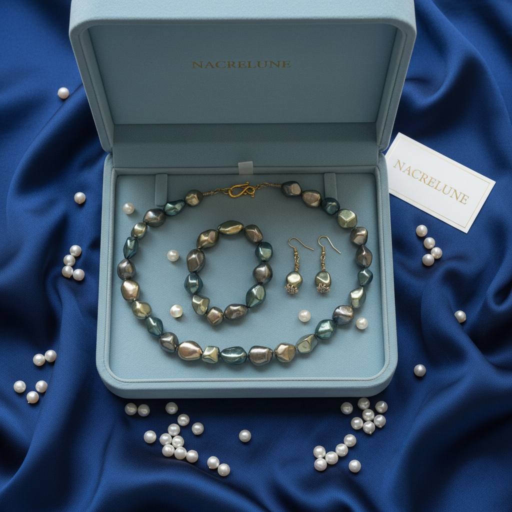 parure complète en perles de nacre métallisé baroques nacrelune.com parure