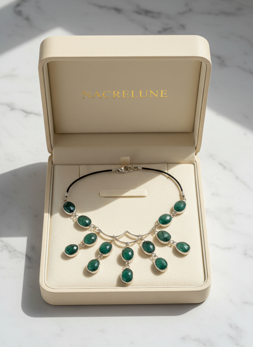 Collier en argent 925 avec émeraudes taillées sur lien de cuir nacrelune.com collier