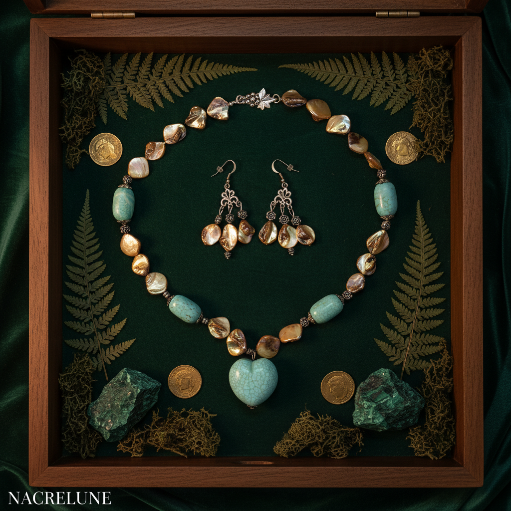Parure Turquoises & Perles de Nacre – Collier et Boucles Cœur | NACRELUNE nacrelune.com parure